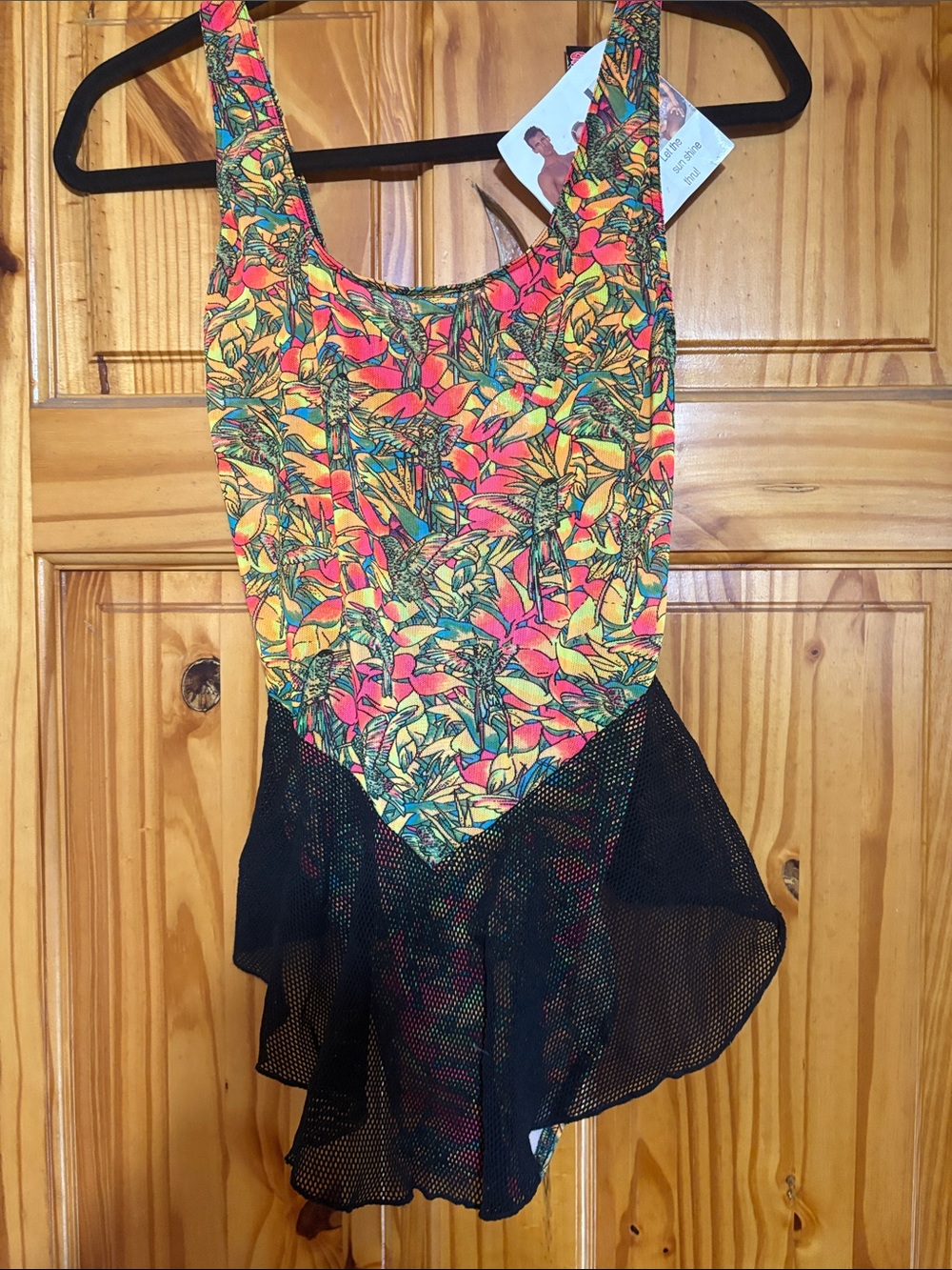 VINTAGE Tropical Floral TAN THRU Bathing Suit with Black Mesh Skirt NWT